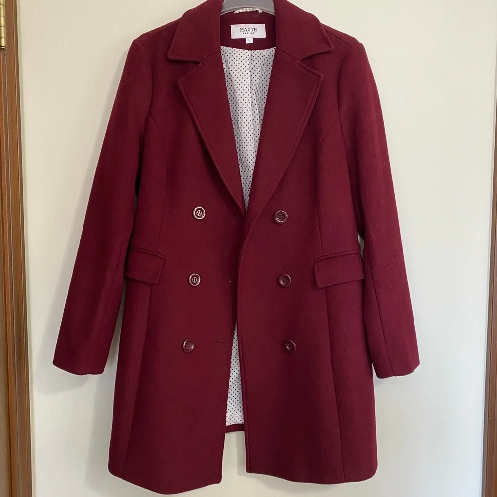 NWOT Haute Edition Double-Breasted Pea Coat with Notched Lapels in Wine - Picture 1 of 8